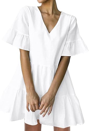 FANCYINN Womens V Neck Cute Shift Dress with Pockets Bell Sleeve Ruffle Hem Loose Swing Summer Tunic Mini Dress