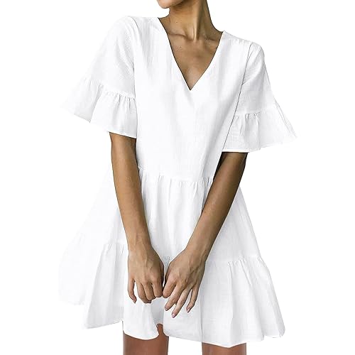 FANCYINN Women’s V Neck Cute Shift Dress with Pockets Bell Sleeve Ruffle Hem Loose Swing Summer Tunic Mini Dress