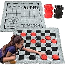 3-in-1 Vintage Giant Checkers, Tic, Tac, Toe, with Reversible Mat, 24 Chips, Family Board Game, Lawn Game, BBQ Party Favor, Indoor and Outdoor Activity for Kids and Adults