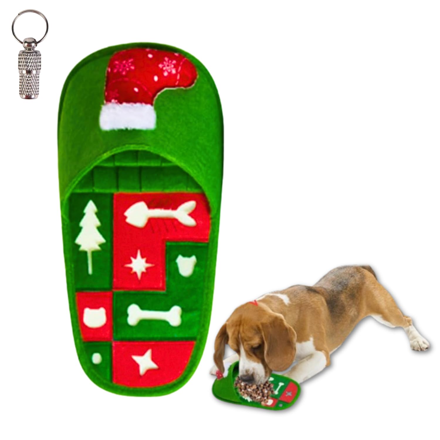 Slipper Feeding Mat with 1 PCS Pet ID Tag - Xmas Dog Smell IQ Training Sniffing Toy - Cloth Slippers Foraging Pad Toy for Interactive Slow Eating, Behavior, Hidden Food, Bite Resistant (Green)