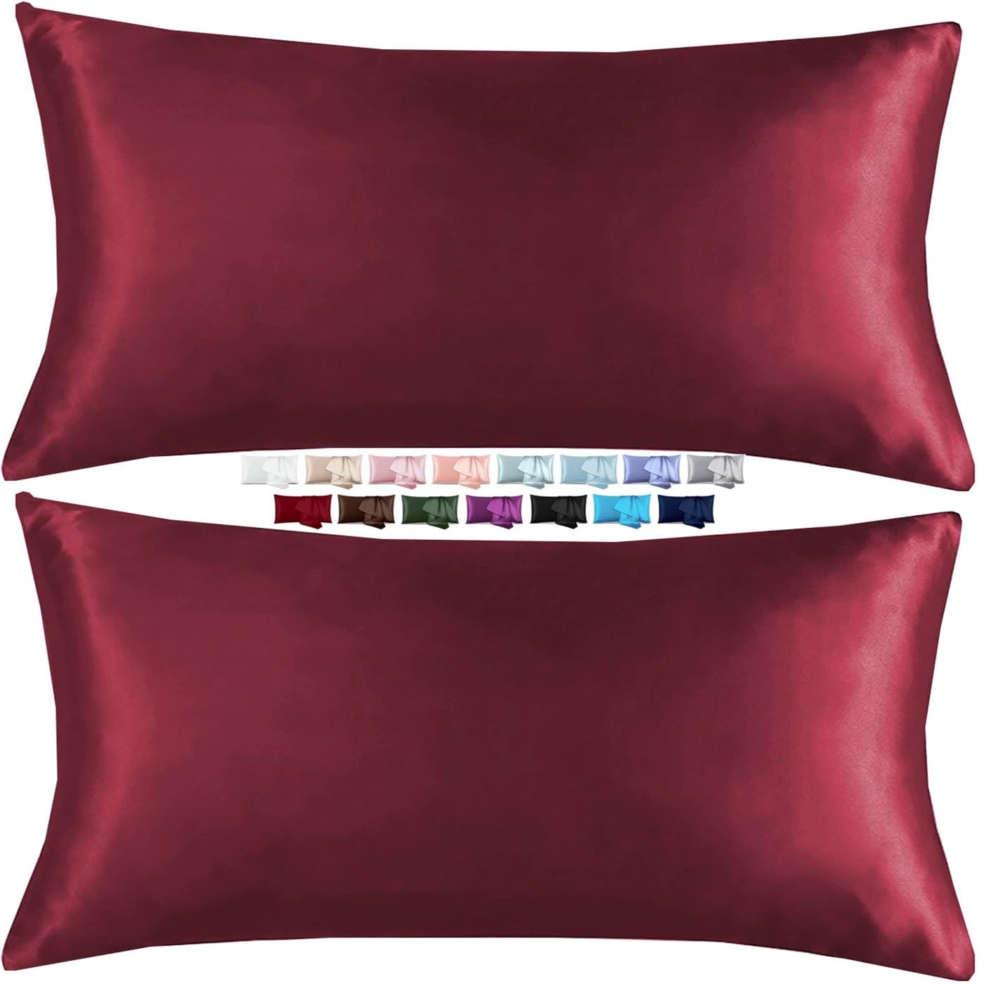 Satin Silk Pillowcases 2 pack, Pillow Case Zippered Cooling Pillow Cases 20x26/20x30/20x36/20x40 inches,Luxury Standard Cushion Covers(Burgundy,50x90 cm Set of 2)