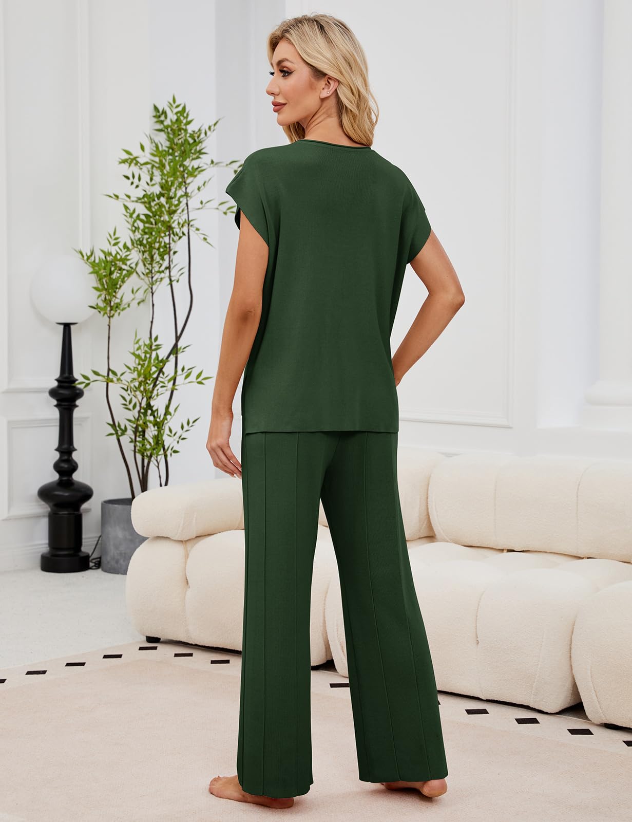 Conjunto Punto Mujer 2 Piezas Ropa Verano Casual Cuello Redondo Tops Manga Corta de Punto y Cómodo Pantalon Suelto Moda Conjuntos Loungewear Deportivo