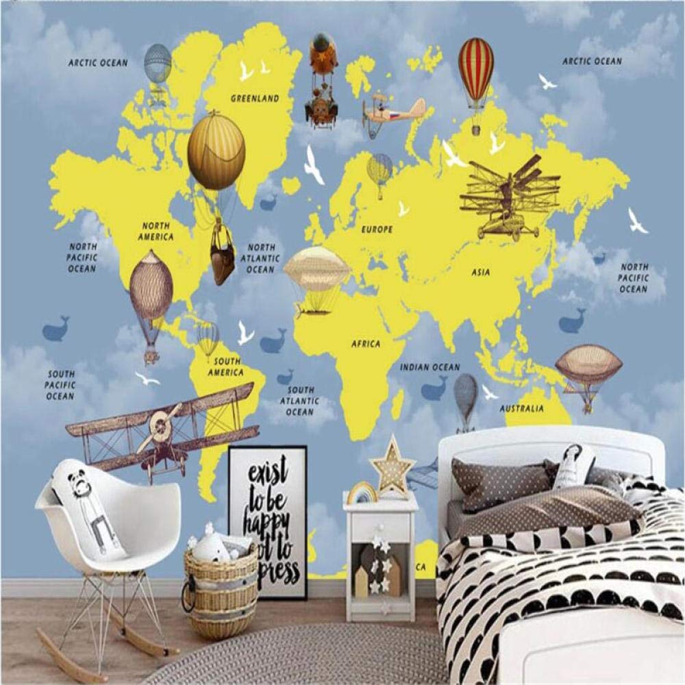 Personalizzato Cartone Animato Mongolfiera Aerei Mappa Del Mondo Sfondo Murale Sfondi Per Camera Dei Bambini Camera Dei Bambini Decor Carta Da Parati 3D 430Cm(W)×300Cm(H)