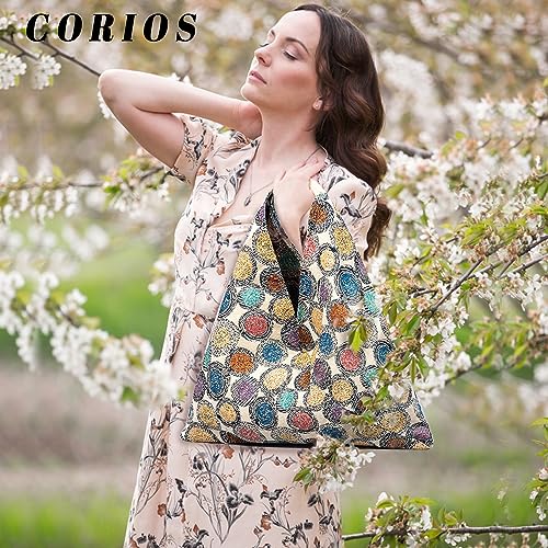 Image of CORIOS Canvas Handbag for Women - Ethnic Style Tote Top Handle Summer Beach Large Shoulder Bag