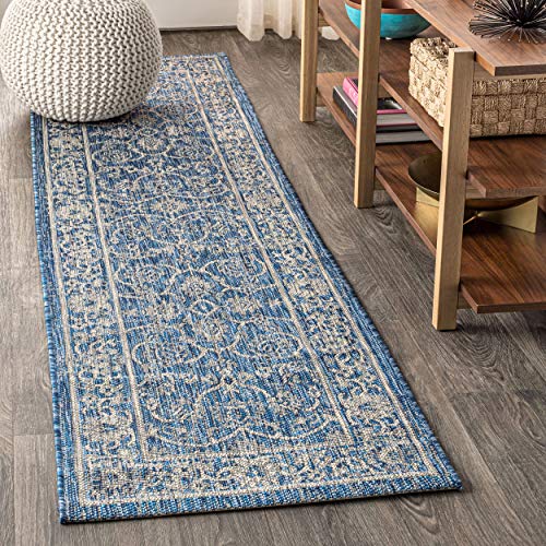 Image of JONATHAN Y Vine & Border Indoor Outdoor Runner Rug 2X8 Navy /Gray, Palazzo Textured Weave for Backyard, Patio, Porch, Easy-Cleaning, High Traffic, Pet-Friendly, Non-Shedding (SMB103A-28)