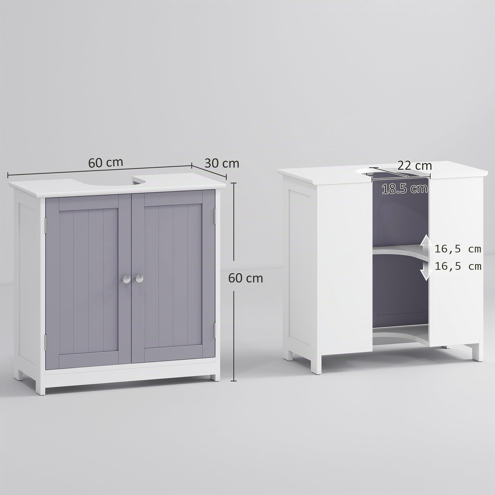kleankin Armario bajo Lavabo, 2 Puertas, Estante Ajustable, Blanco Gris | Armario bajo lavabo independiente, para lavabo sin o con pedestal