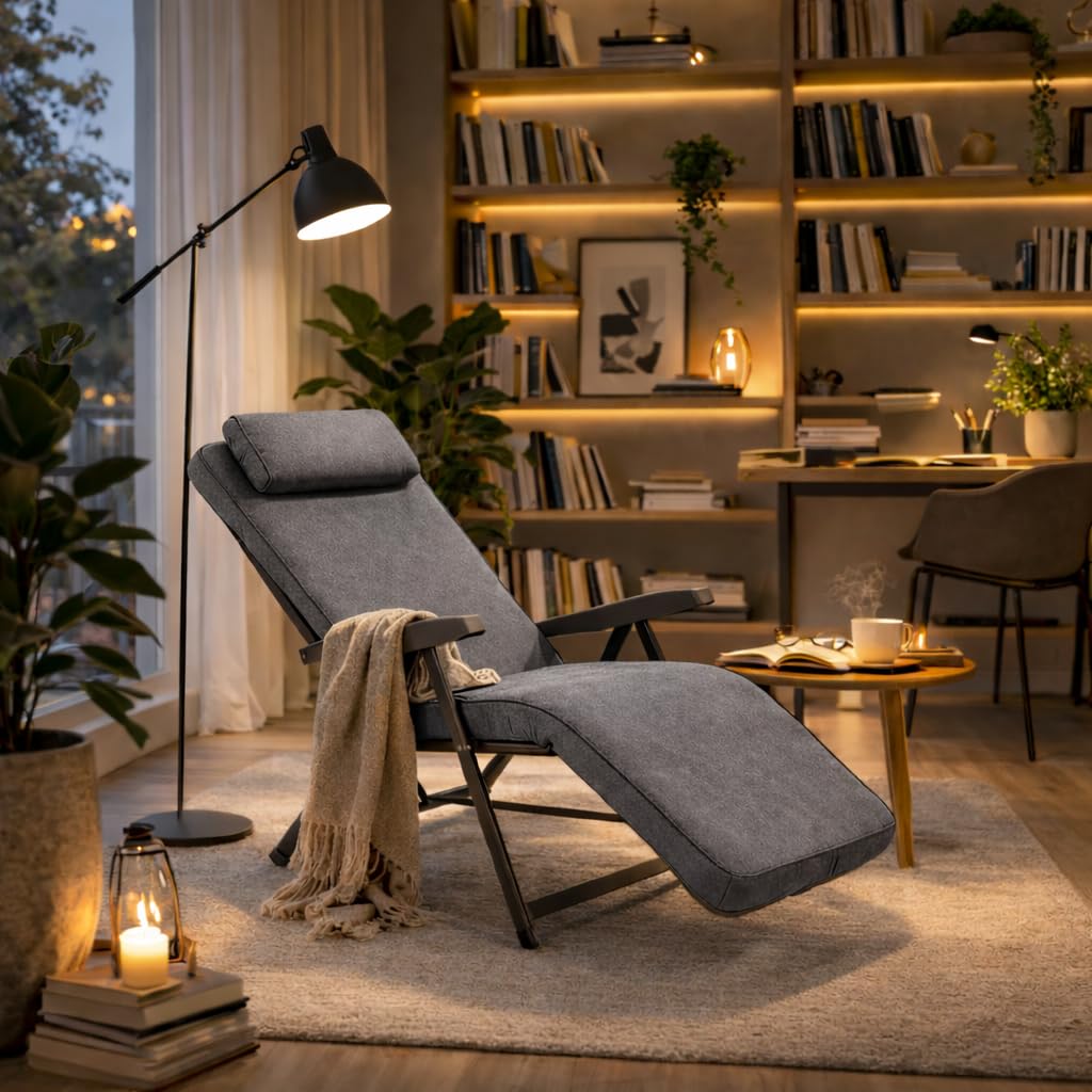 MA MAISON Poltrona Reclinabile Automatica Imbottita 154x60x65 cm - con Poggiatesta, 6 Posizioni, Braccioli Ergonomici, Struttura in Acciaio, Poggiapiedi, per Interno, Esterno - Made in Italy GRIGIO