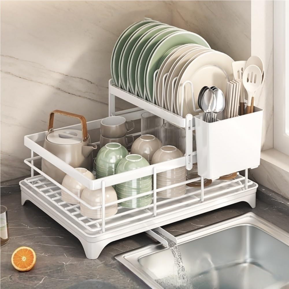 Goxyffmnv Dish Storage Rack, Kitchen Cutlery Rack, Multi-Layer Drain Rack, Metal Dish Rack, Multifunctional Storage Stand for Kitchen, Dining Room(White)