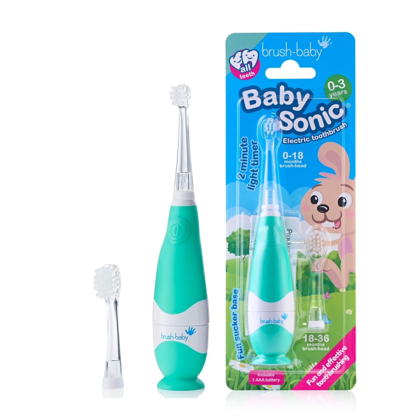 BabySonic Teal Electric Toothbrush, 0-36 Months - Soft, Gentle Vibrating Toothbrush for Sensitive Gums & New Teeth - with LED Light & Suction Base - Baby & Toddler Brush Heads