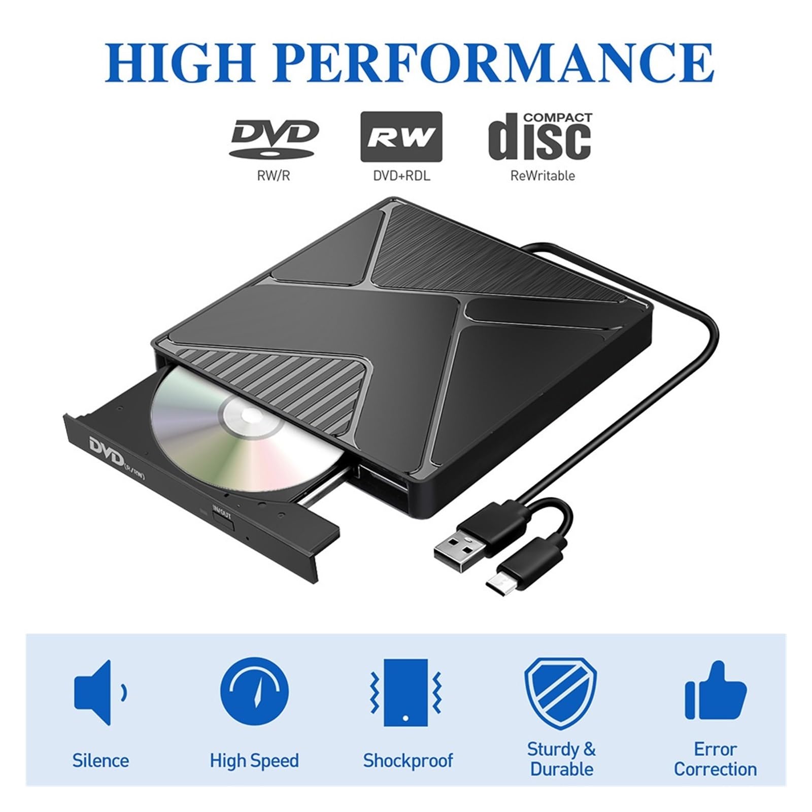 Unidad Óptica Externa USB3.0 Unidad De CD Grabadora De DVD Portátil Móvil Externa Type-C(Dual Line Bilateral Optical Drive)