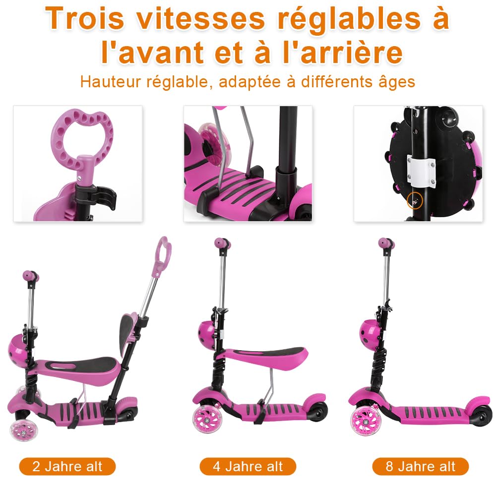 OHMG Monopattino triciclo per bambini 3+ anni, scooter equilibrio, monopattino antiscivolo, monopattino regolabile per ragazza/ragazzo, carico 30 kg, ruote a LED, regolabile in altezza