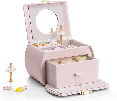 Vlando Musical Jewelry Box with Spinning Ballerina, Lockable Girls Jewelry Organizer for Necklaces Rings and Hair Accessories, Gift for Girls and Kids, Barely Pink