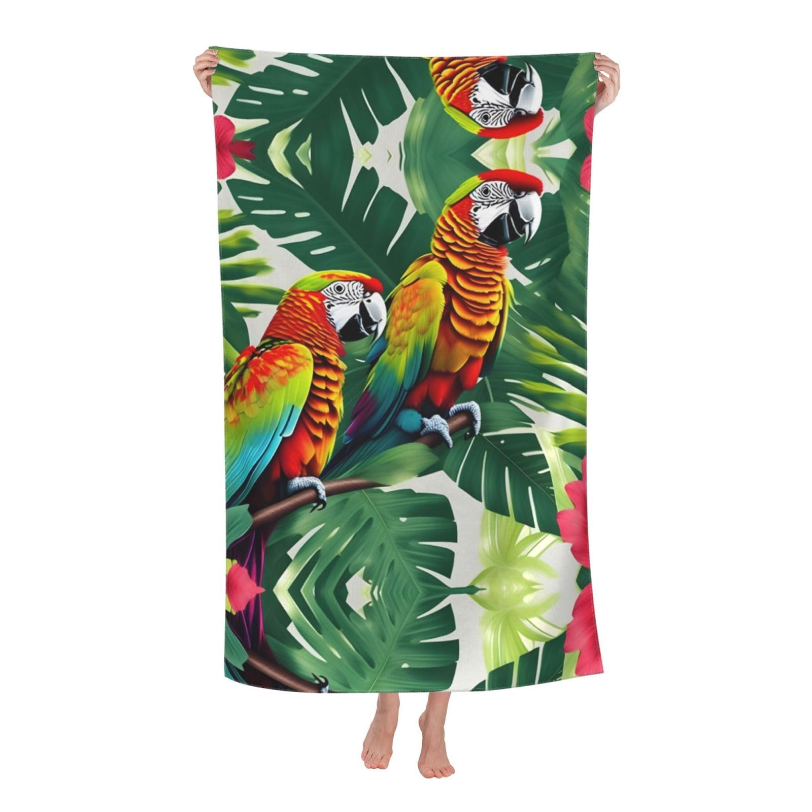 KPXXAQT Tropical Flower Leaf Parrot Print Oversized Adult Beach Towel Quick-Dry Travel Swimming Camping Outdoor Adventures