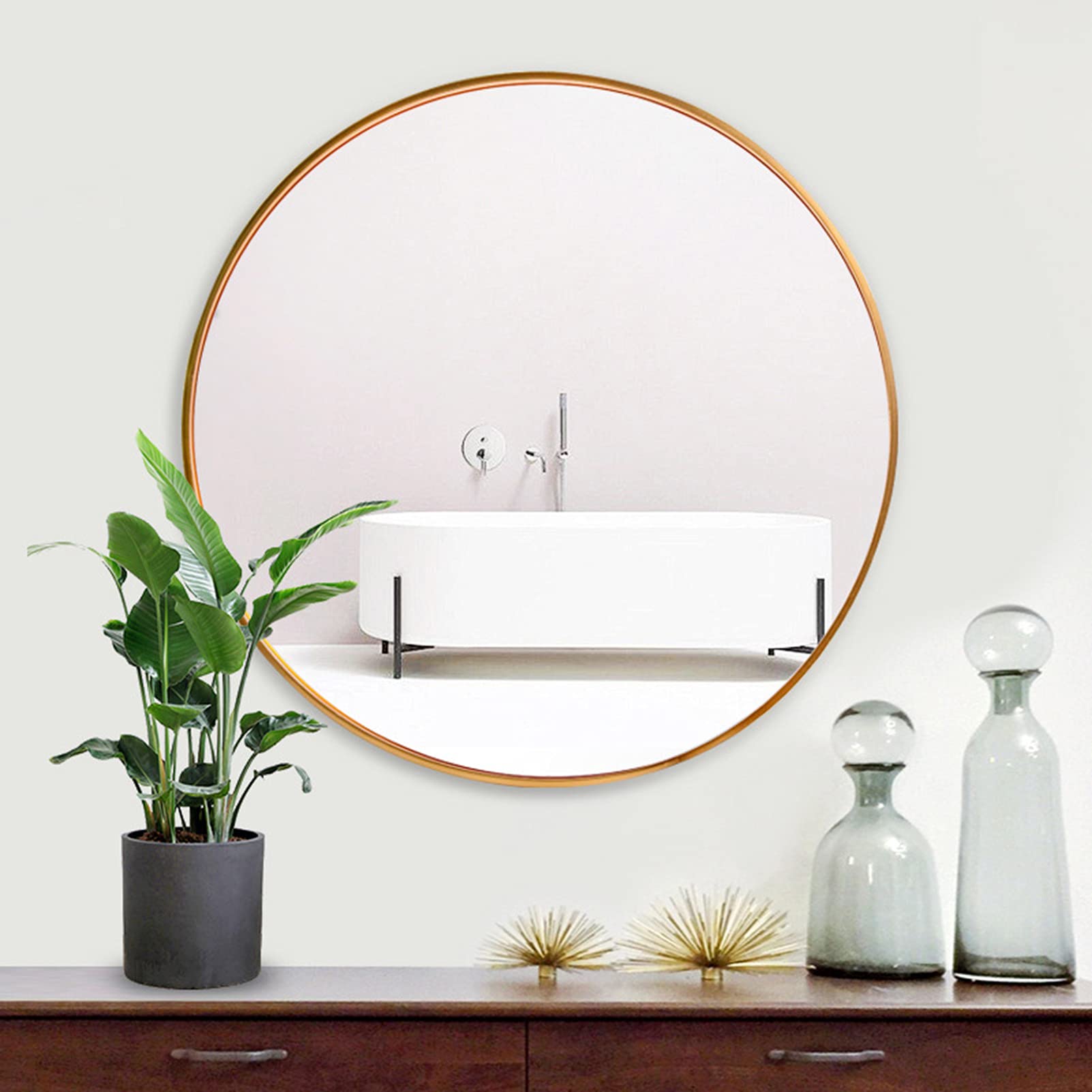 Specchio a Parete Rotondo per Bagno, Grande Specchio da vanità Cerchio per Decorazione da Parete, Telaio in Alluminio per Soggiorno in entrataMetallic,30cm