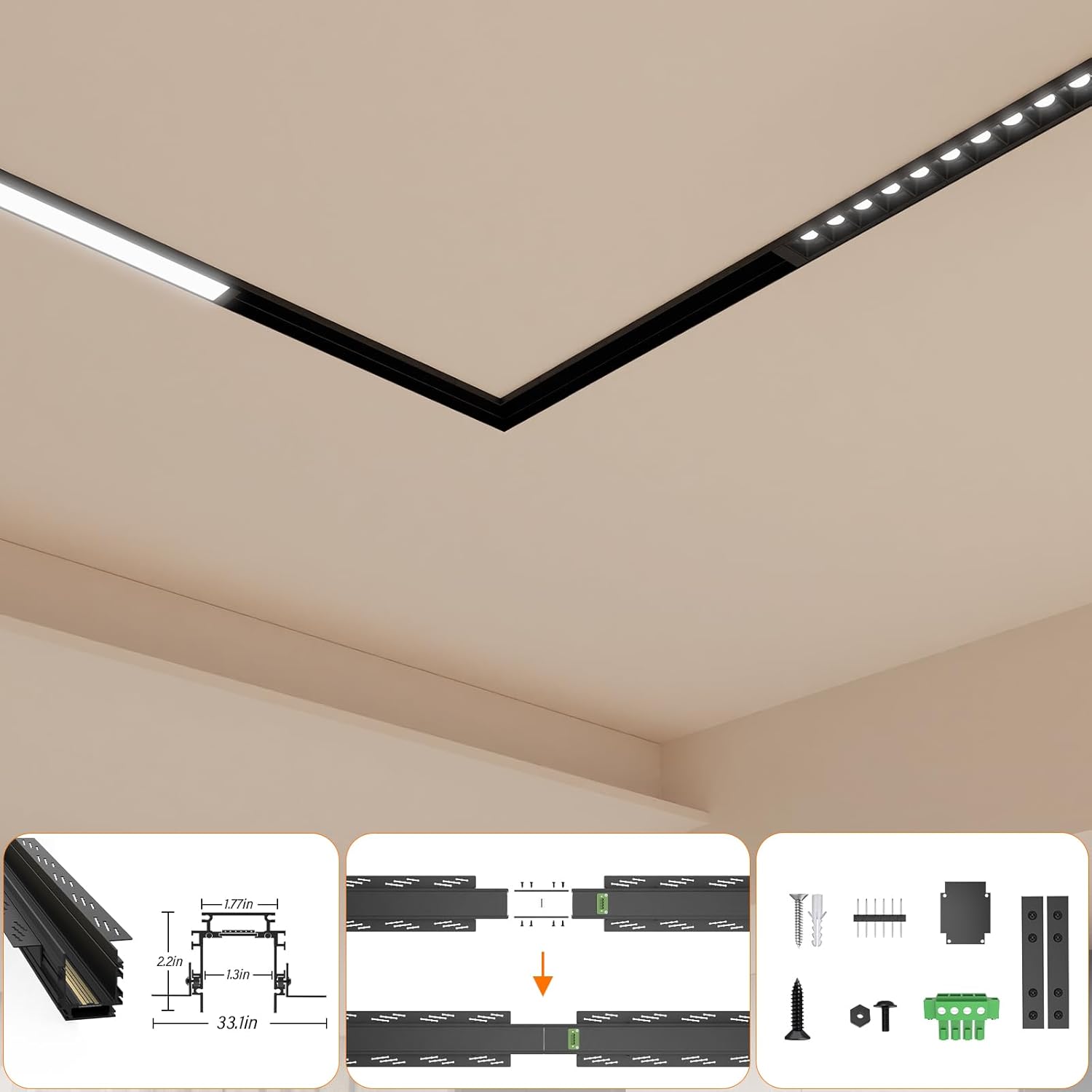 Magnetic Track Lighting Rail, 4-Wire Recessed Aluminum Rail for LED Track Light System, Flush Mount 24V Low Voltage Adjustable Track for Ceiling (39.4inch/3.3ft)