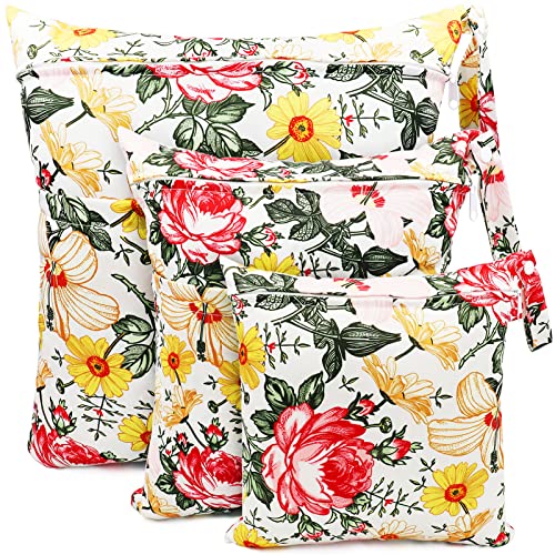 FenFang Bolsa Pañales Bebe, 3 PCS Reutilizable Wetbag, Impermeable Lavable con 2 Cremallera para Mamá de Bebé, Transpirable Organizador de Maquillaje de Colgar, Viajes, Playa, Piscina, Gym (Rosa-Roja)