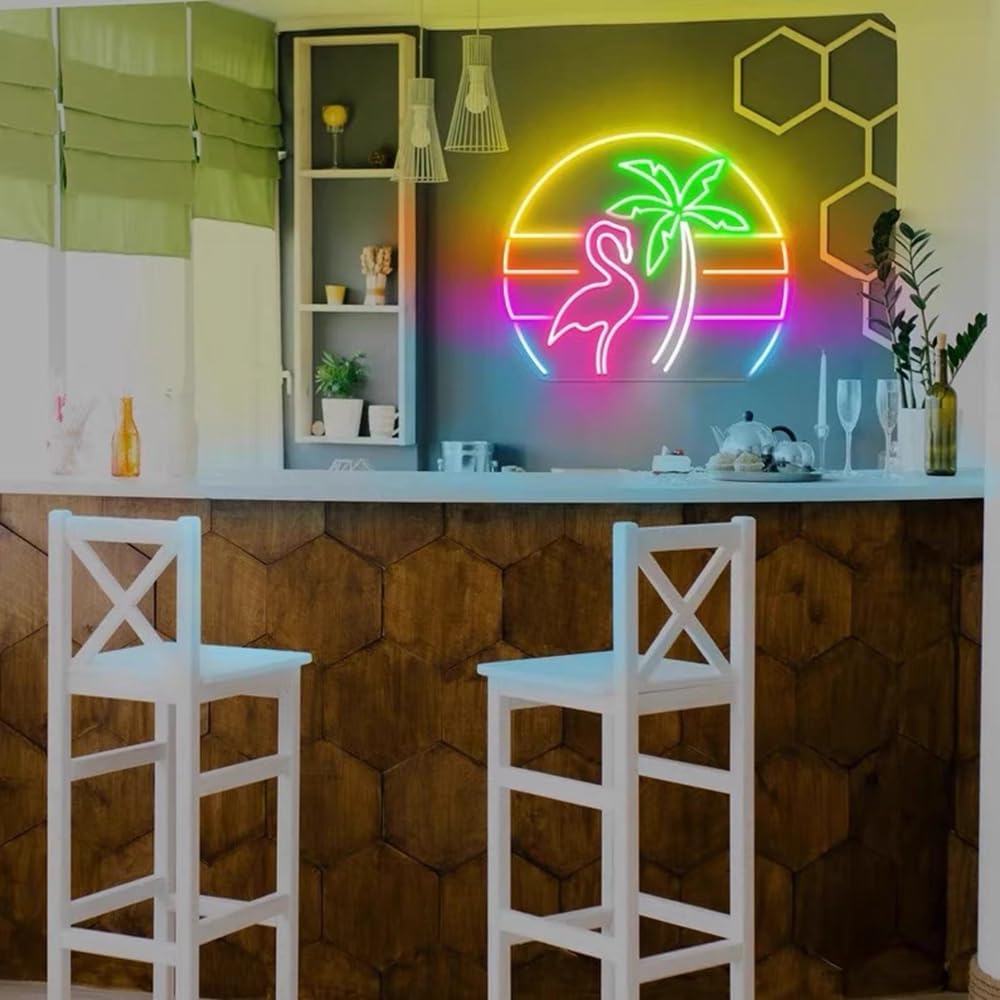 Flamingo Neon Sign Palm Tree Neon Sign, Flamingo Decor Beach House Sign Custom Flamingo Personalized Bar Sign Decor Christmas Lighted USB Size:13x11inch