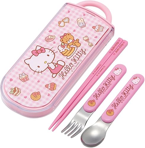 Hello Kitty - Juego de utensilios – Incluye tenedor, cuchara, palillos y funda de transporte – Auténtico diseño japonés – Duradero, apto para