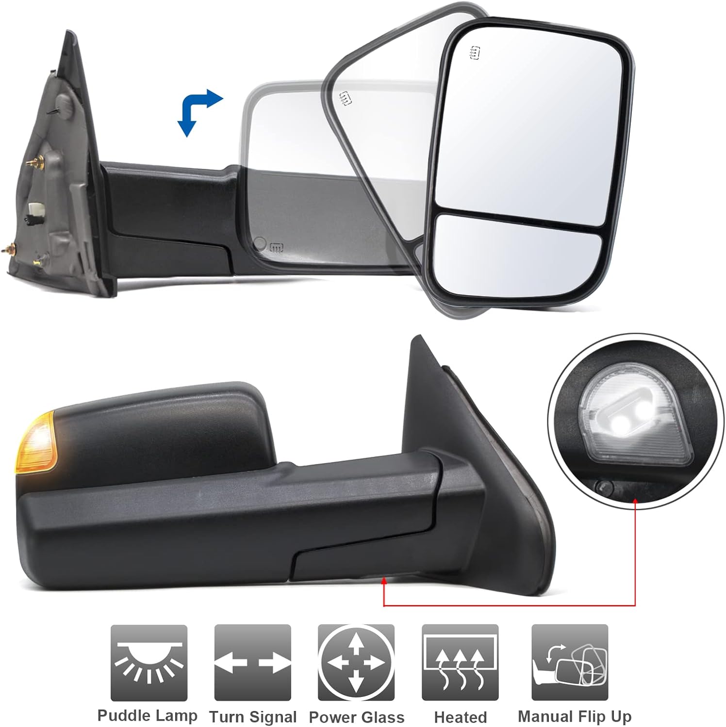 ReYee A Pair of Towing Mirrors for 2003-2009 Dodge Ram 2500 3500, 2002-2008 Dodge Ram 1500 with Power Adjustment Heated LED Turn Signal Puddle Light Manual Folding Black Cap