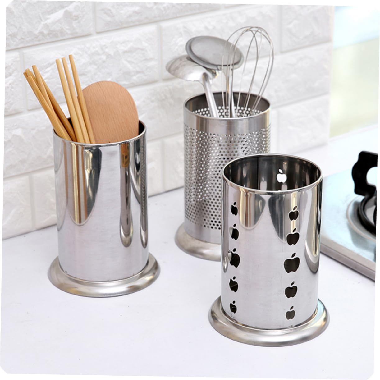 SOLUSTRE Thicken Stainless Steel Holder with Drain Holes for Kitchen Countertop Storage Sleek Utensil Organizer Canister for Cooking Tools Easy to Clean and Sturdy Design