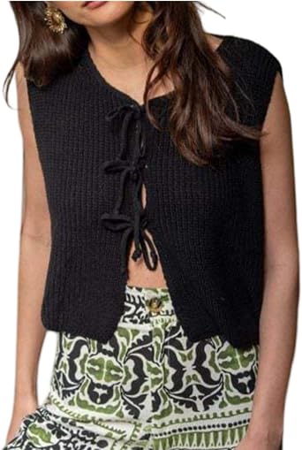 Coquette Sweater Vest Front Bow Tie Crop Knit Crochet Tops Cute Y2k Aesthetic Knitted Tank Tops Sleeveless Pullover