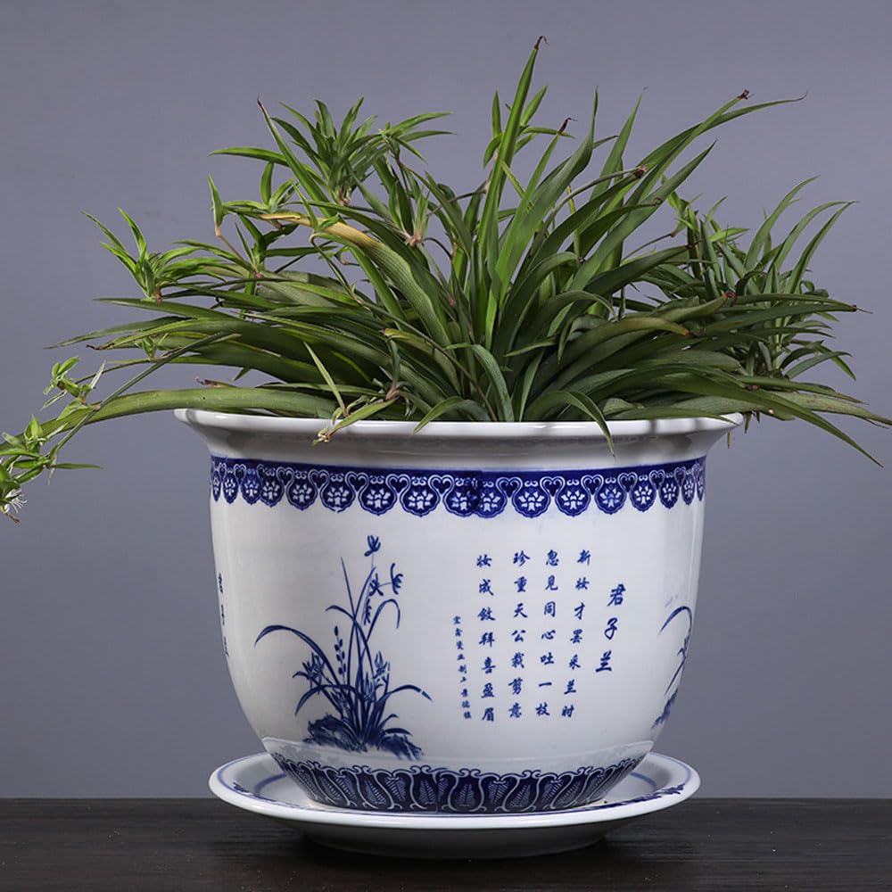 DFGHNBVC Blue And White Porcelain Flowerpot Chinoiserie Jingdezhen Home Garden Planter Pattern Plant Pot With Drainage Hole For Indoor Outdoor Gardening Plants,E-29 * 19cm