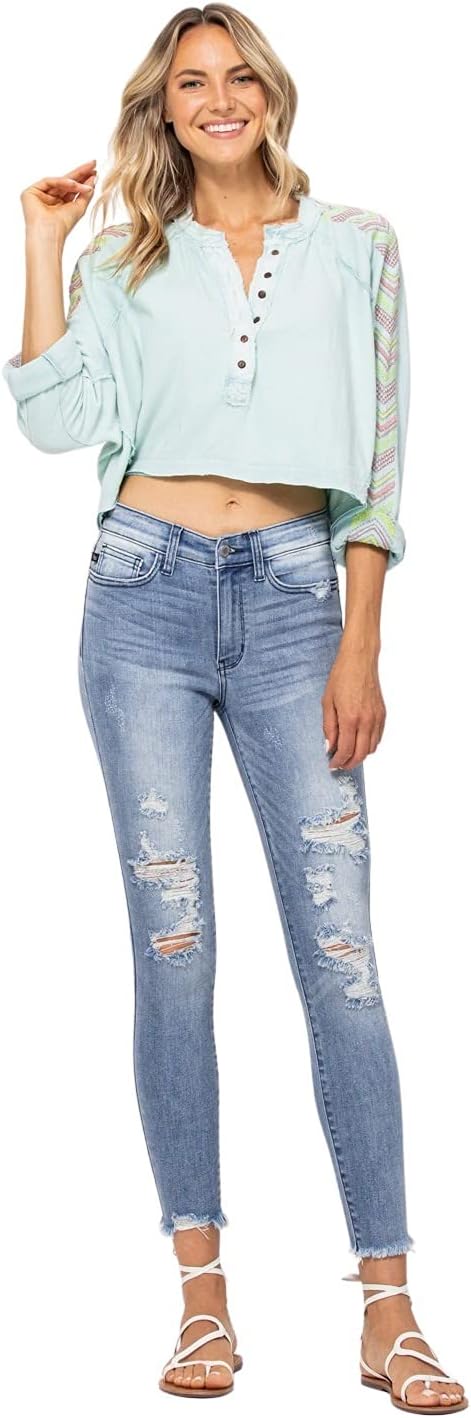 Judy Blue Women's Mid-Rise Destroyed Skinny Jeans