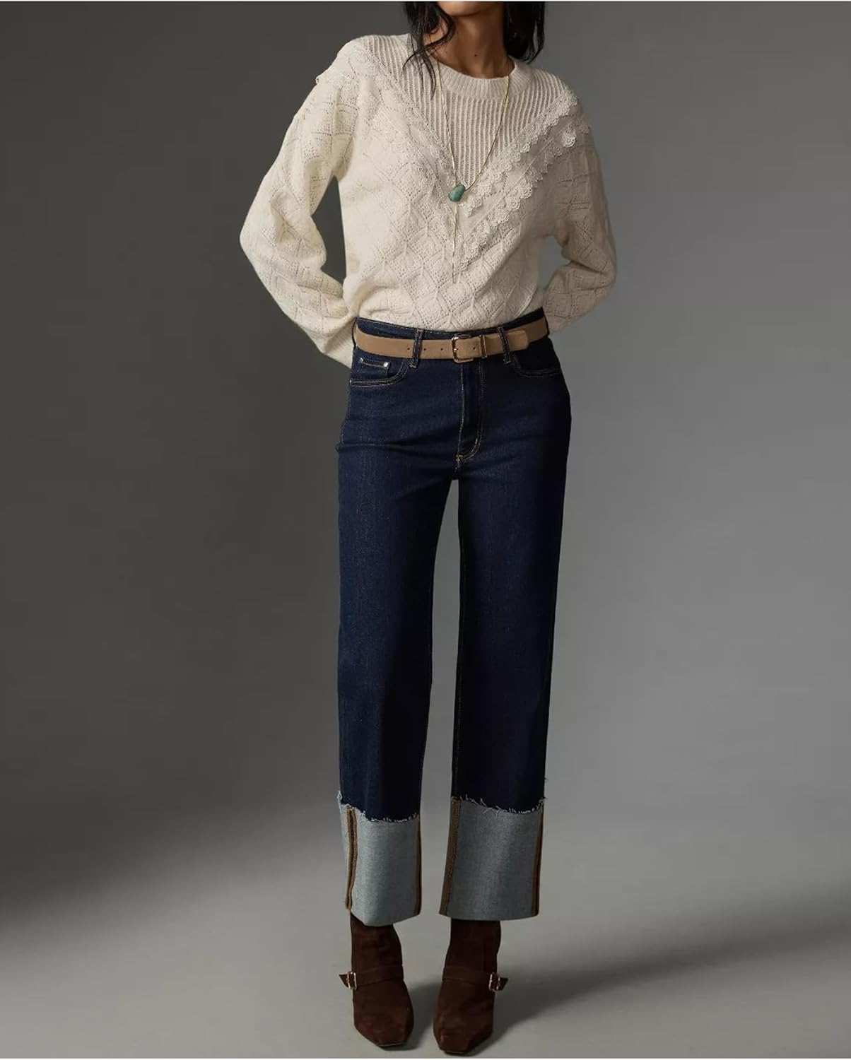 Women's Wide Leg Cuffed Jeans High Waisted Straight Leg Stretchy Boyfriend Denim Pants - Image 4