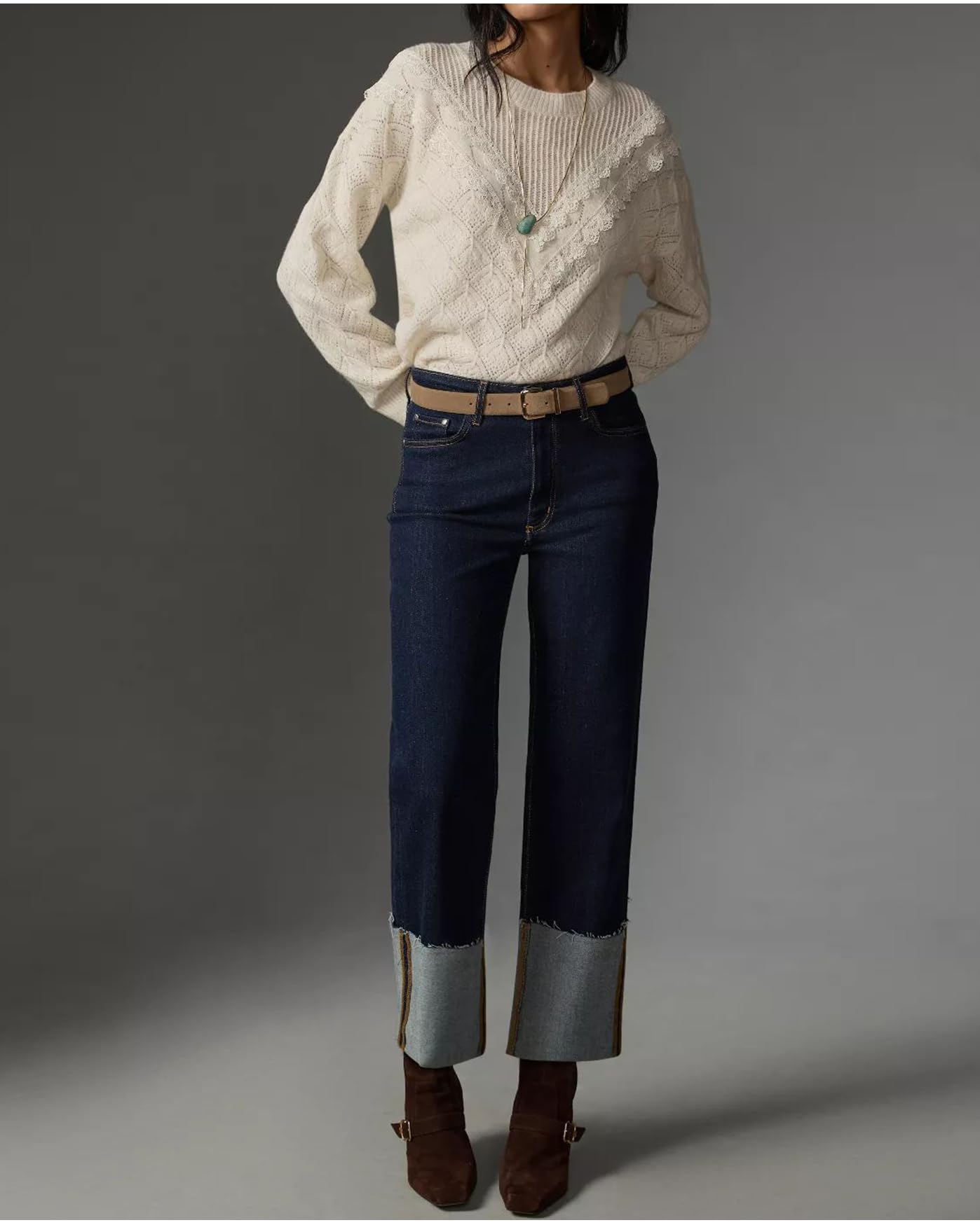 YEXPINE Jeans de puño ancho para mujer, tiro alto, pierna recta, pantalones de mezclilla casuales