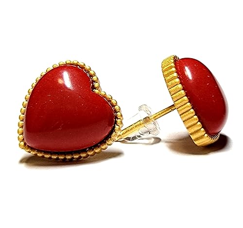 925 Sterling Silver Red Jasper Heart Stud Earrings 14K Gold Plated Matte Finish Natural Gemstone Dainty Stud Women's Earrings - Hypoallergenic Safe
