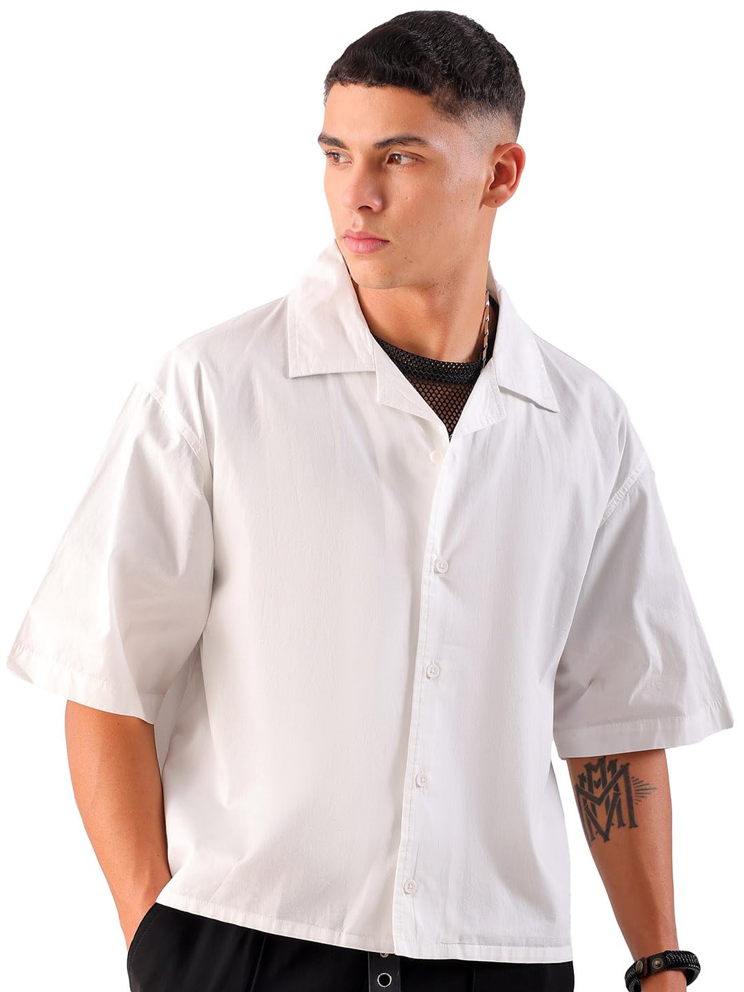 Men Cotton Boxy Fit Graphic Print Half Sleeves Cuban Collar Street Wear Cropped Shirt-image-15