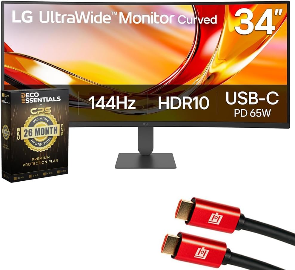 LG 34U640B 34-Inch UltraWide WQHD (3440 x 1440) Curved Monitor, Black Bundle with Deco Essential CPS 26 Month Protection Pack and 2X Deco Essentials 6FT 4K HDMI 2.0 Cable