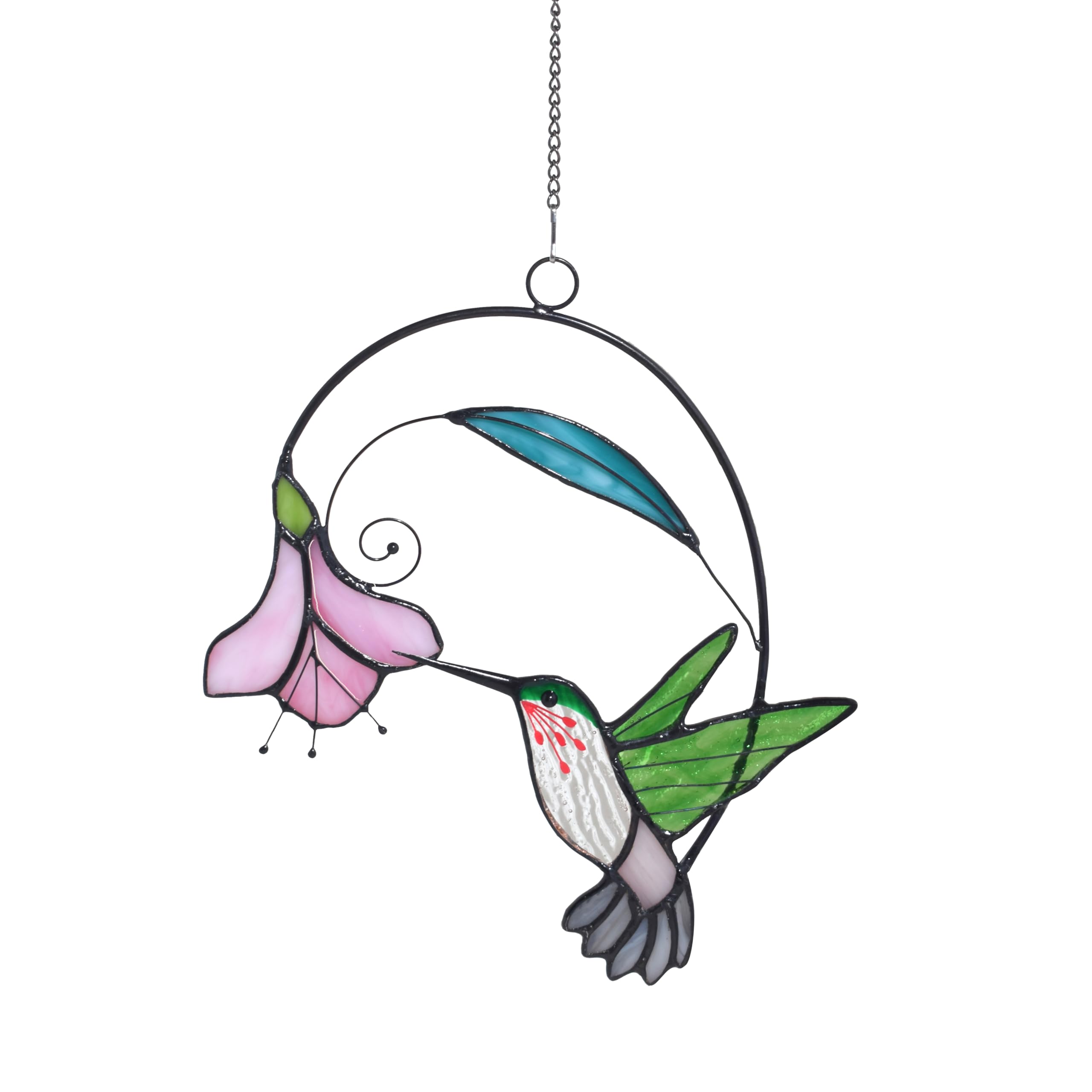 Lolitarcrafts Buntglas-Fensterbehang mit Blumen, Vogel-Sonnenfänger für Fensterdekoration, Kolibri-Geschenke für Mutter, Vogelliebhaber (Grün mit Blume A)