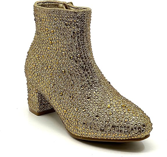 Forever Girls Rhinestone Boots Kids Low Heel Dress Booties Iceberg-12K Shoes Gold Rhinestone 2