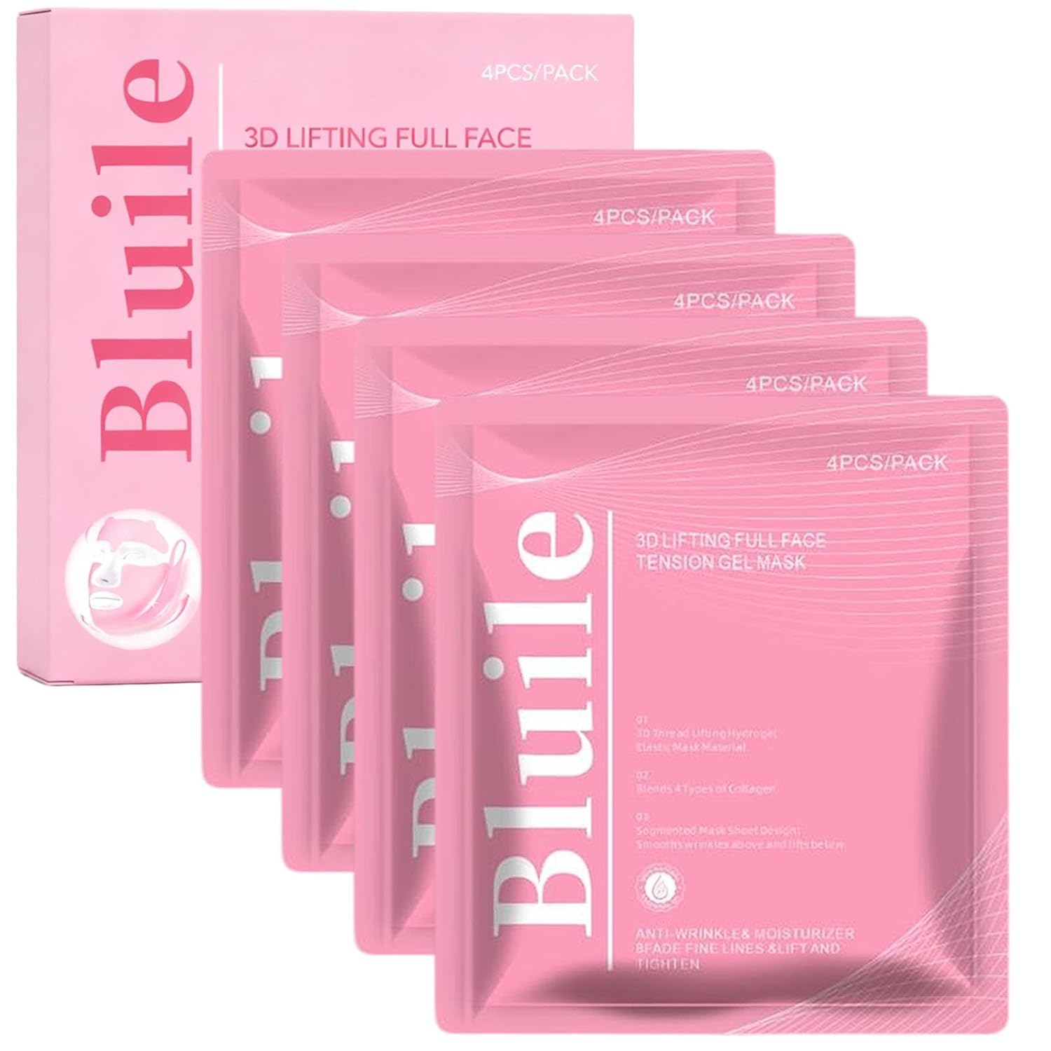 3D Lifting Full Face Mask, Collagen Lift-Up Mask for Skin Firming Appearance & Intense Hydration, for a Radiant Glow, Smooth & Glowing Skin, 4 Sheet Pack (1 box)