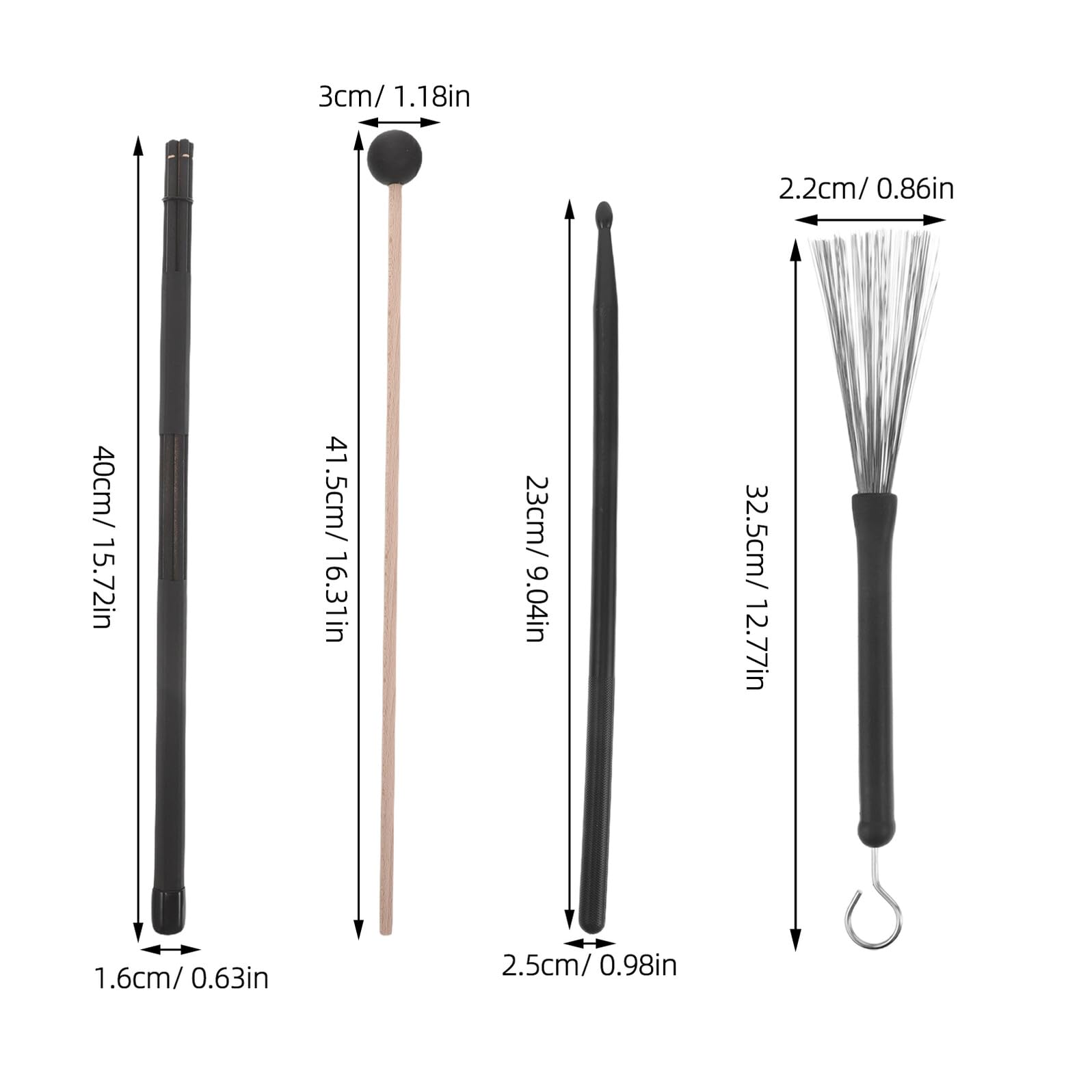Set Bacchette per Batteria in Legno Spazzole Metalliche e Nylon Borsa Porta-Bacchette Nera Tracolla Accessori per Percussioni per Prove Lezioni e Concerti