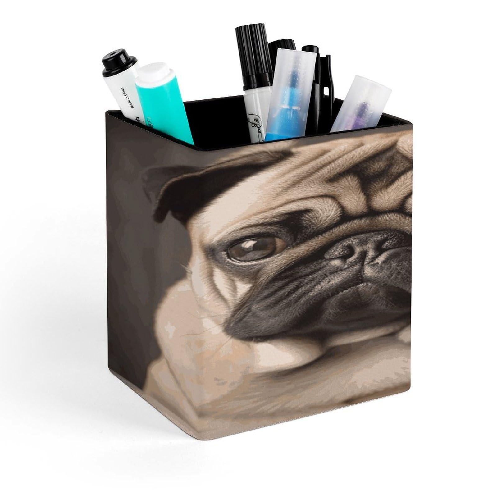 JTREHY Animal Pug Dog Pen Holder Square Pen Pencil Holder Makeup Brush Holders Cup PU Leather Pencil Cups Desktop Caddy Stationery Organizer Case Office Accessories Container Box