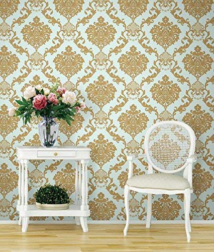Image of Eurotex Damask Design Wall Paper for Wall Decor Roll for Covering Living Room, Bedroom Walls (Luxury Vinyl Coated 57 sq.ft Roll, Sky Blue)