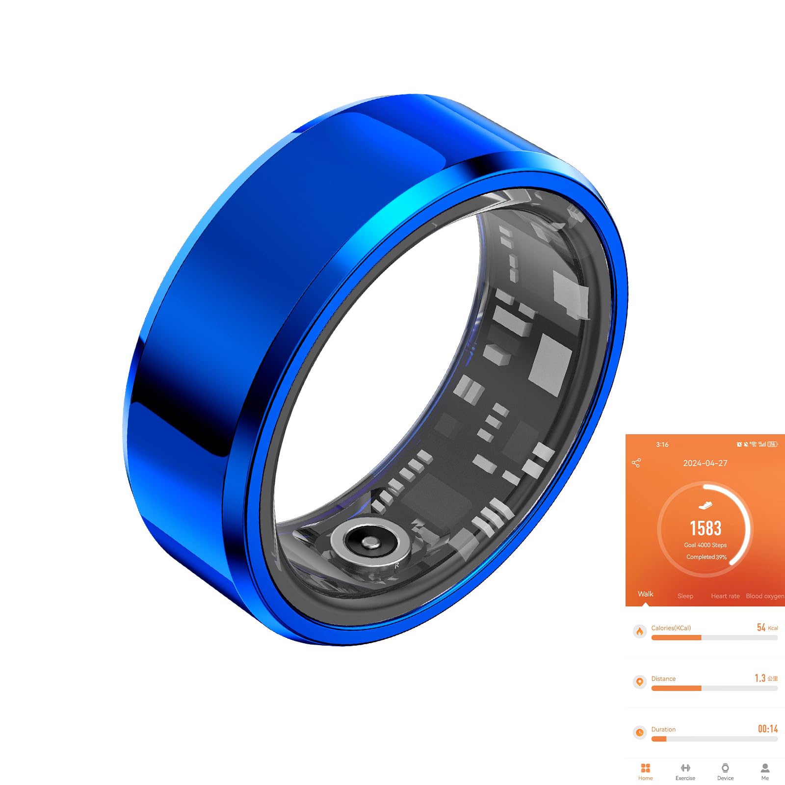 Fitness Tracker Smart Ring, Step Counter for Walking, Heart Rate Blood Oxygen Calorie Sleep Tracker Health Ring, IP68 Waterproof Design, Stainless Steel, 5-7 Days Battery Life(Blue, US12)-picture-28