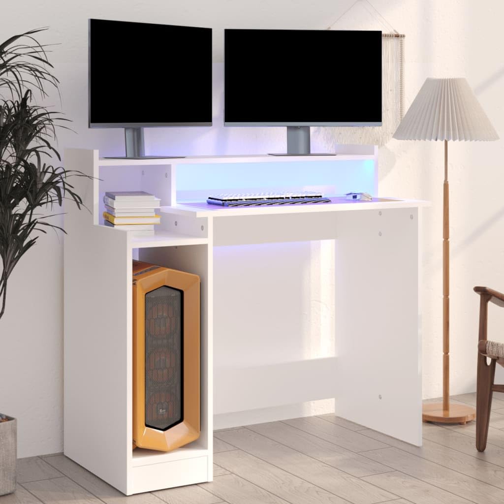 Scrivania con LED bianco, 97 x 45 x 90 cm, materiale in legno, moderna scrivania per computer per casa, ufficio, giochi, studio