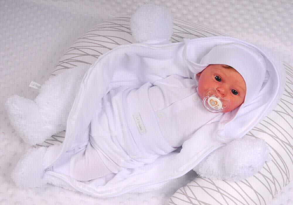 Overall Baby Wagenanzug – Größen 50 56 62 68 74 – Übergangsanzug warm aus Frottee-Stoff mit Baumwollfutter und Umschlagärmeln – Weiß Unisex