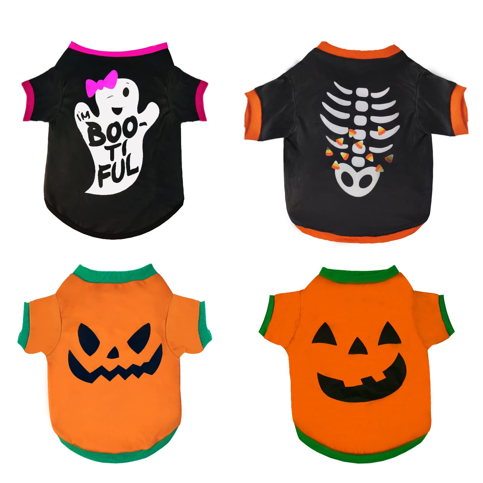 SGQCAR 4Pieces Dog Halloween Shirts Soft Cotton Ghost Skeletons Dog T-Shirt Funny Pet Pumpkin Head Costume for Small Dogs Puppy Cosplay Apparel (Pumpkin, Large)