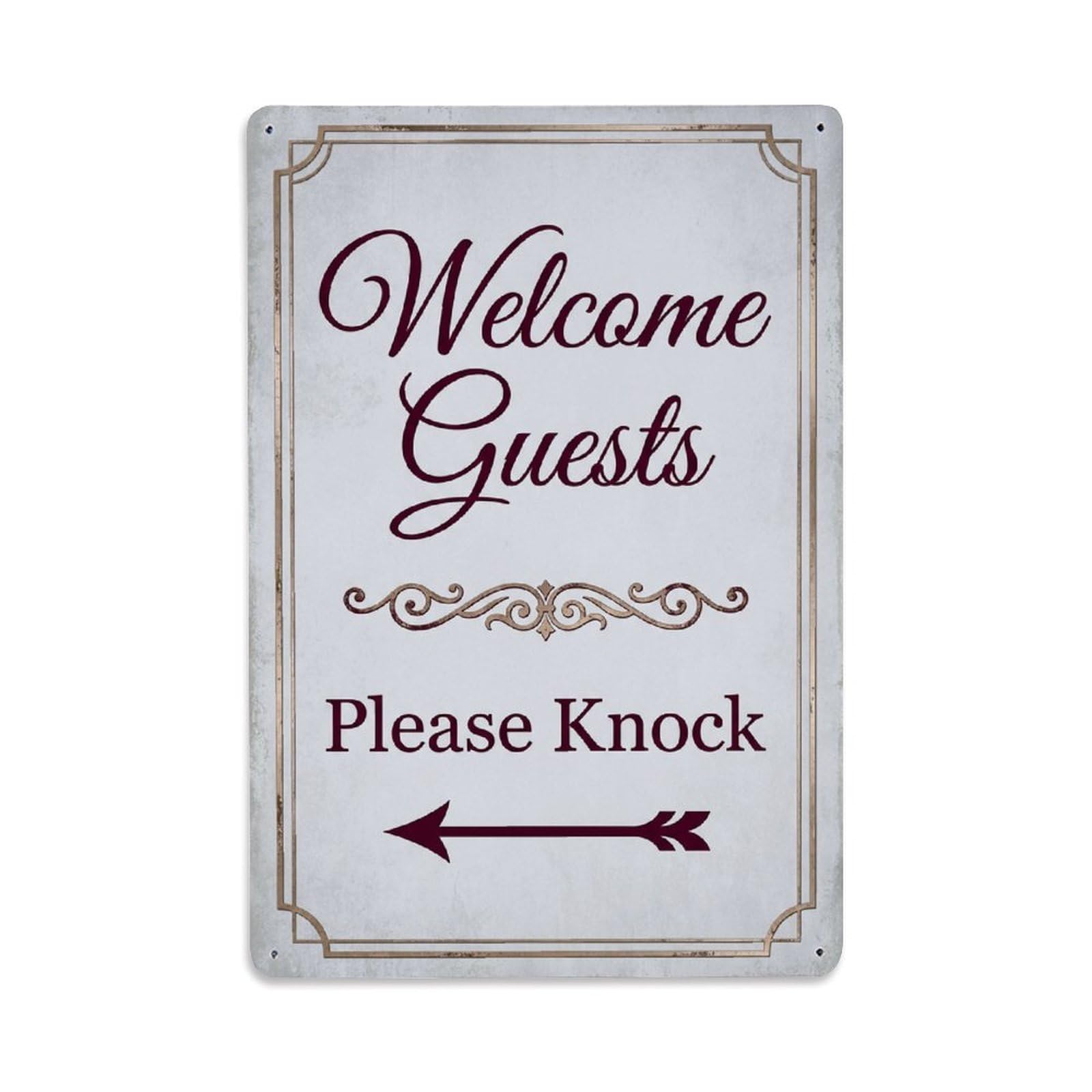Metal Tin Sign Vintage Welcome Guests Please Knock Arrow Scroll