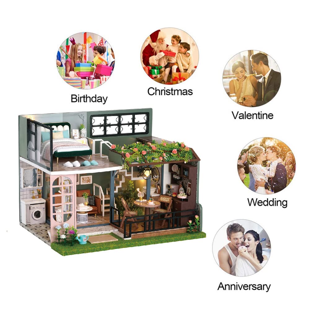 Kit de construction de maison miniature pour adultes - Mini maison avec meubles, décorations d'Halloween/Noël/cadeaux pour la famille et les amis (moitié du jardin)