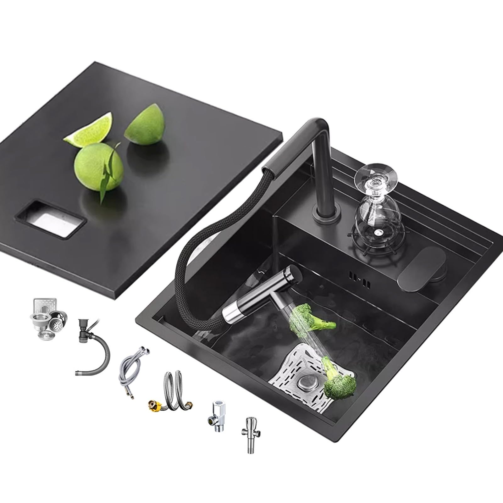 Fregadero de cocina de acero inoxidable negro con grifo elevador y arandela de taza oculta, fregadero de un solo tazón para el hogar, apartamento, bar, RV, kit de instalación completo (45 x 38 x 22 cm
