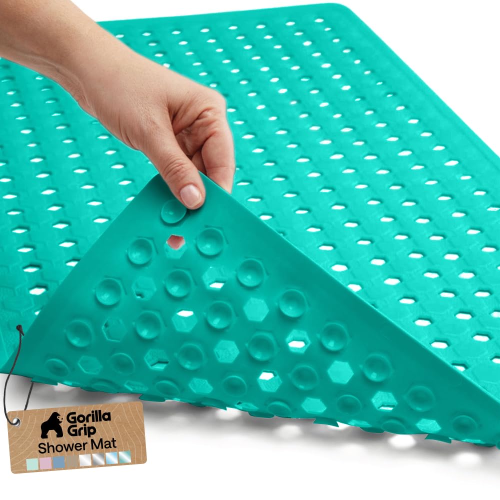 Patented Bath Tub Shower Mat, Machine Washable Bathtub Floor Liner Mats, Suction Cups and Drain Holes to Keep Tubs Clean, Soft on Feet, Bathroom Essentials, 35x16 Inch, Turquoise Opaque