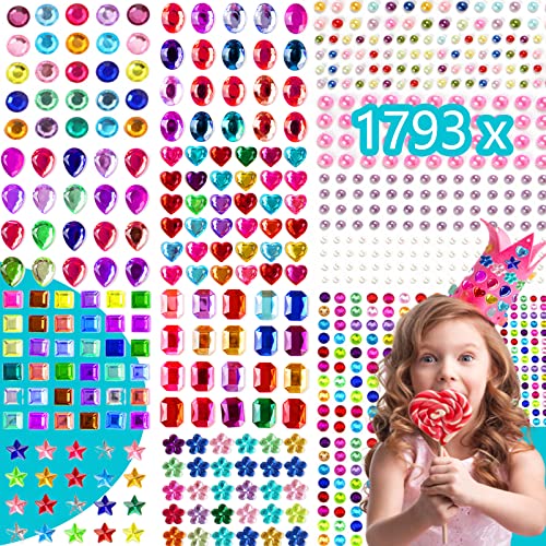 FlyWave Glitzersteine Selbstklebend 1793 Stk, Strasssteine Selbstklebend, Verschiedene Formen Schmucksteine zum Basteln, Selbstklebende Strasssteine Acryl Bunt Sticker für Kinder Handwerke Cover