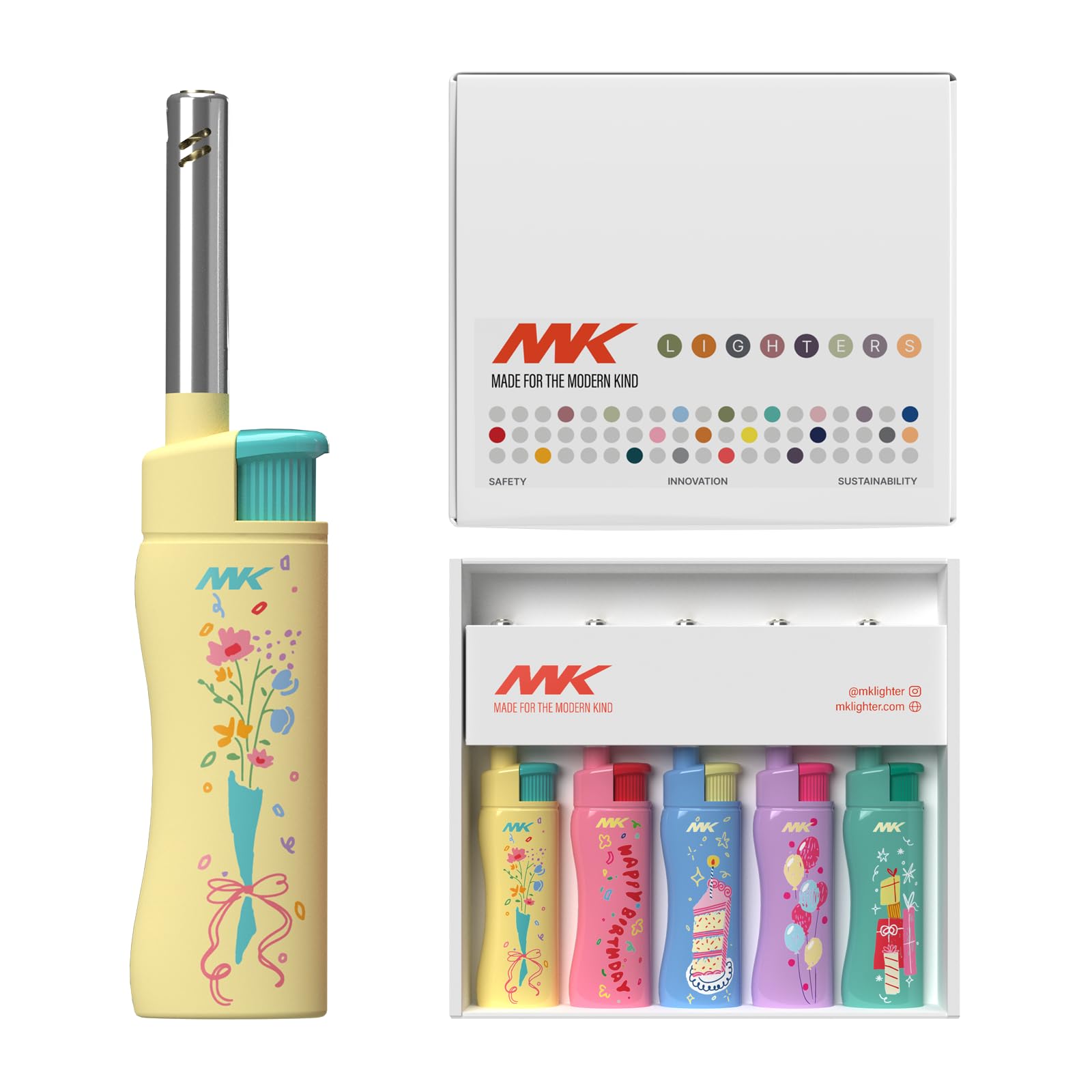MK Lighter Collector’s Edition Refillable Candle – Multipurpose Jet Flame Butane with Long Wand for Indoor &amp; Outdoor Use Gift Couples Friends Family (Birthday-5PC)