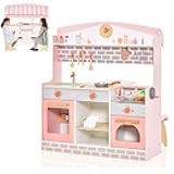 Kids Kitchen Playset, 3-in-1 Double Side Wooden Little Chef Pretend Play Toy Kitchen Set for Toddlers & Barbecue Grill Set & Restaurant, Retractable Seat & Canopy, Gift for Boys Girls, Pink