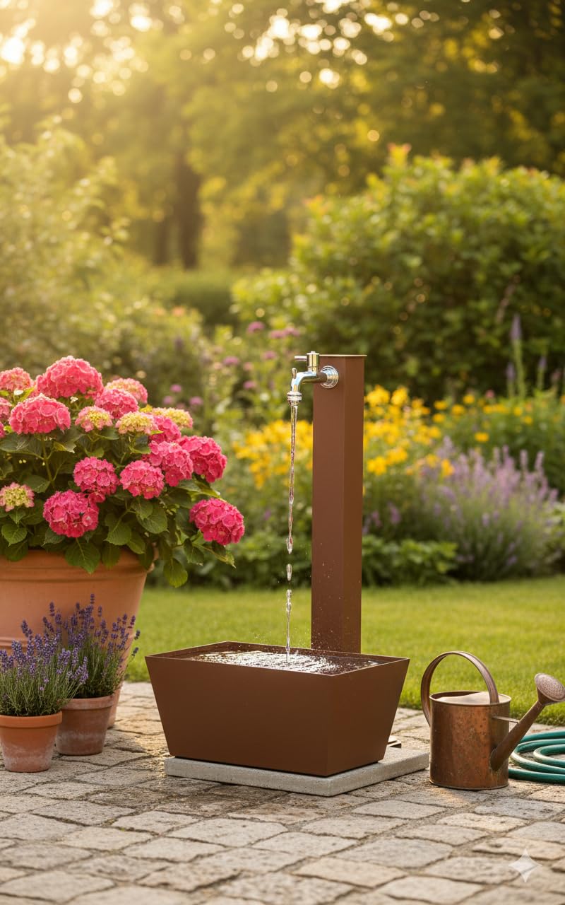 belfer Gartenbrunnen mit Wasserhahn und Sockel 42/QVR Rost